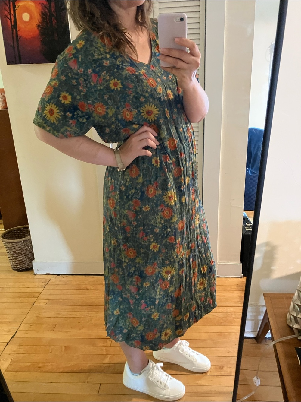 Natural Life Green Blue Floral Maxi T-Shirt Dress Size Large